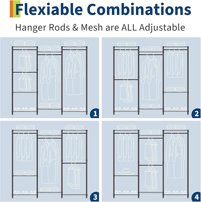 4-Tier Heavy Duty Clothes Rack, 1430LBS Load, Sturdy Metal Garment Rack with Wire Shelves, Multi-Functional Wardrobe Closet with Hanger Rods for Hanging Clothes, 15.5" D x 67.6" W x 76.5" H