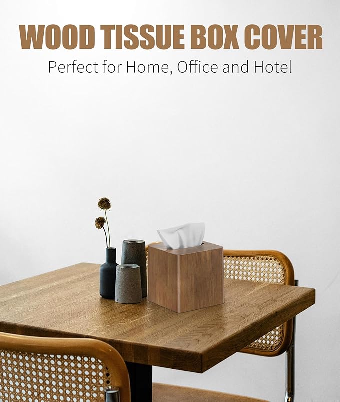 Livelab Tissue Box Cover Square - Oak Wood Tissue Box Holder for Living Room, Dinner Table, Bathroom, Office - Decorative Wooden Cube Facial Tissue Cover for Modern Farmhouse Home Decor | Brown