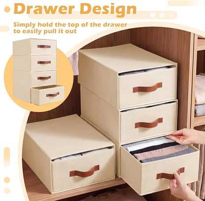 Windyun 4 in 1 Stackable Storage Drawers Closet Organizer with Dividers for Socks Underwear Bras Scarves Ties Large Dresser Organizer Bins Foldable Clothes Storage Boxes, 12 x 15 x 6 Inch(Beige)