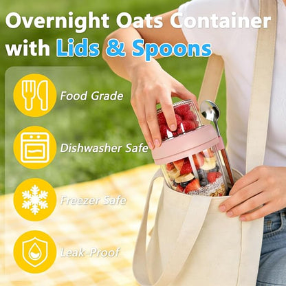 4 Pack Overnight Oats Containers with Lids and Spoons, 20oz Dual-Layer Overnight Oats Jars with Dry and Wet Separation, Thick Glass Mason Jars for Yogurt Dressings Salad & Snacks