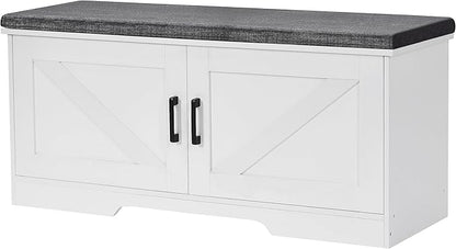 2-Tier Storage Bench, 39.4" Wide Shoe Bench with Padded Seat Cushion, Entryway Bench with 2 Barn Doors and Adjustable Shelf, White