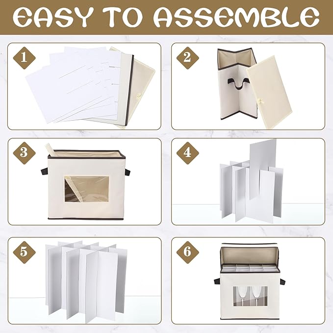 Uiifan 4 Pcs Champagne Flute Storage Box with Dividers 12 Compartment Stemware Storage Cases China Container Box with Lid, Handles, PVC Window for Moving, Beige