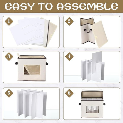 Uiifan 4 Pcs Champagne Flute Storage Box with Dividers 12 Compartment Stemware Storage Cases China Container Box with Lid, Handles, PVC Window for Moving, Beige