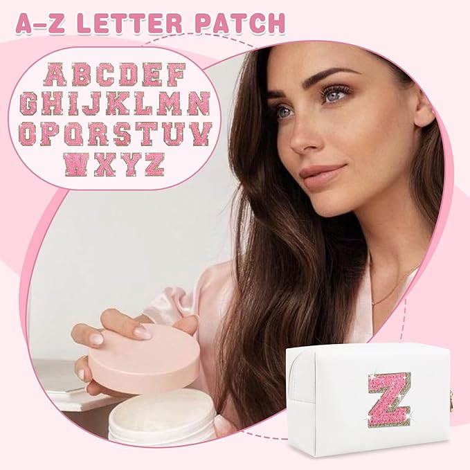 Small Initial Patch Makeup Bag Personalized Gifts Make Up Bag,White Cute PU Leather Glitter Letter Cosmetic Bag with Zipper,Trendy Portable Travel Toiletry Pouch,Preppy Stuff for Teen Girls Women Z