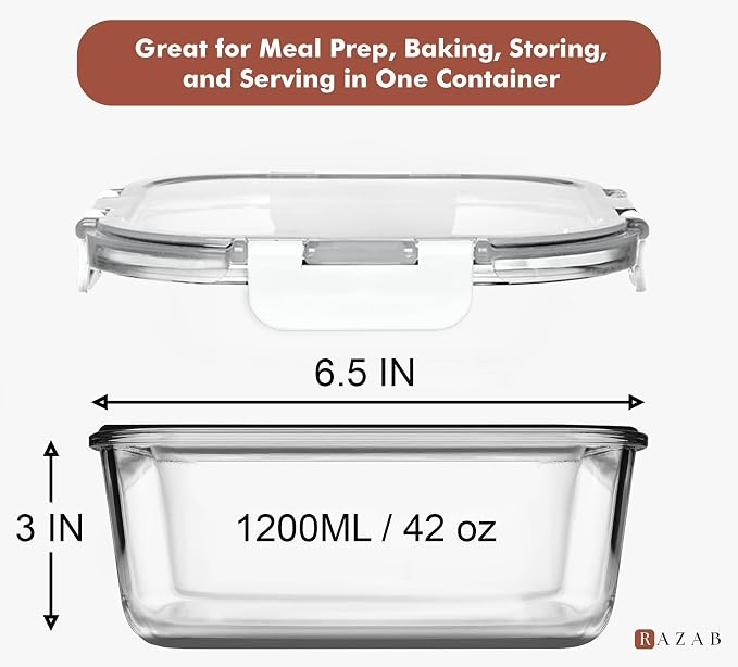 Razab 2 PC 1200ML / 41 Oz Glass Food Storage Containers with Lids - Airtight & Leakproof - Microwave/Oven/Freezer Safe - BPA Free - Ideal for Meal Prep, Storing Leftover & Lunch