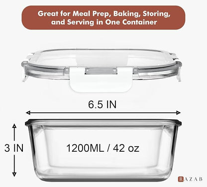 Razab 2 PC 1200ML / 41 Oz Glass Food Storage Containers with Lids - Airtight & Leakproof - Microwave/Oven/Freezer Safe - BPA Free - Ideal for Meal Prep, Storing Leftover & Lunch