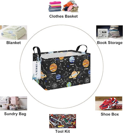 Rectangular Space Planet Pattern Storage Bin, Decorative Canvas Laundry Basket with Dual Handles, Foldable Household Toy Organizer, Multipurpose Party Gift Basket for Bedroom Dorm