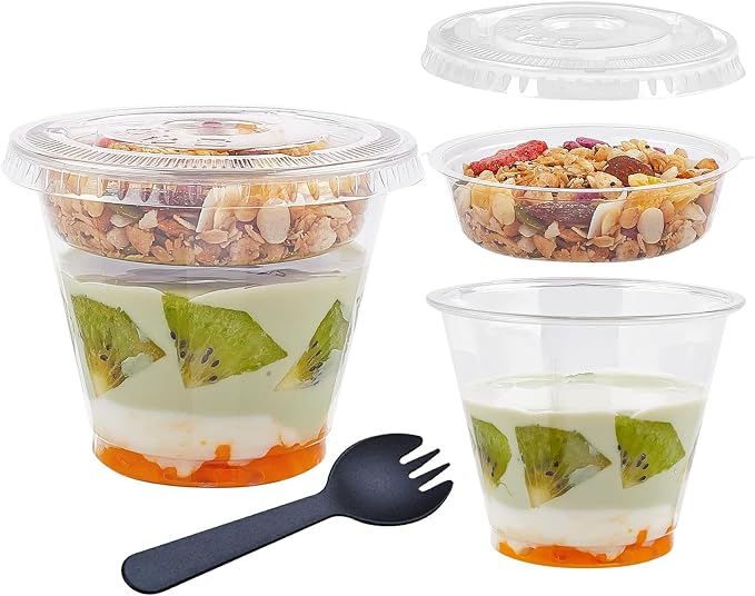 Zezzxu 50 Pack 9 oz Disposable Parfait Cups with Lids No Hole, Toppings Compartment and Spork, Yogurt Conatiner with Granola Holder for Take Away Breakfast and Snacks, No Leaking