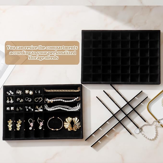 Large Velvet Jewelry Tray 2 Pack Stackable Jewelry Display Drawer Inserts Trays Organizer for Earring Bracelet Necklace Ring (Black, 48 Grids)