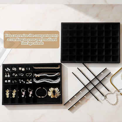 Large Velvet Jewelry Tray 2 Pack Stackable Jewelry Display Drawer Inserts Trays Organizer for Earring Bracelet Necklace Ring (Black, 48 Grids)