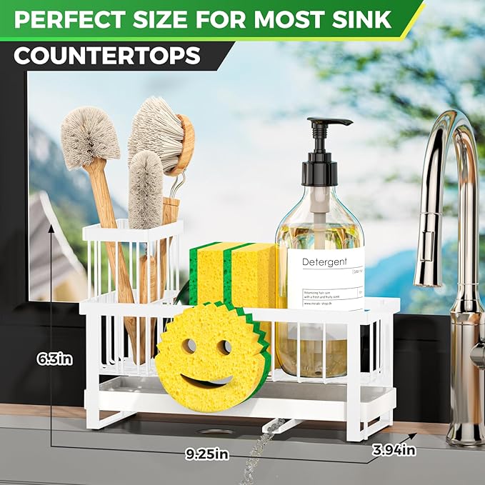 Taugast Sponge Holder for Kitchen Sink,Sink Caddy with Removable Dish Brush Holder,Self-Draining Kitchen Countertop Organizers and Storage Essentials,Soap Dispenser Organize and Home Decor-White