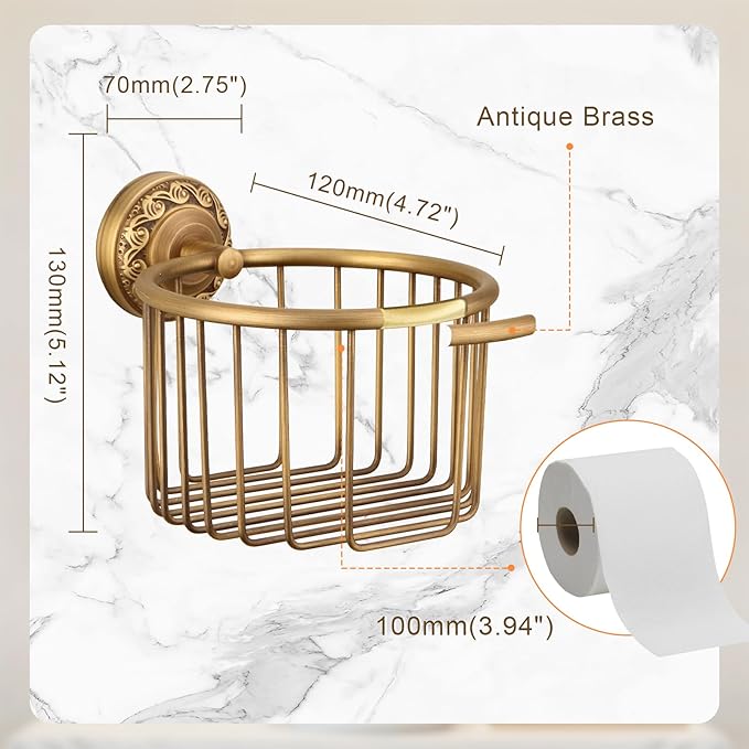 Vintage Wall-Mounted Toilet Paper Holder with Wire Basket Design, Antique Brass, Wall-Mounted Bath Hand Towel Holder with Braiding Carvings, Vintage Style.