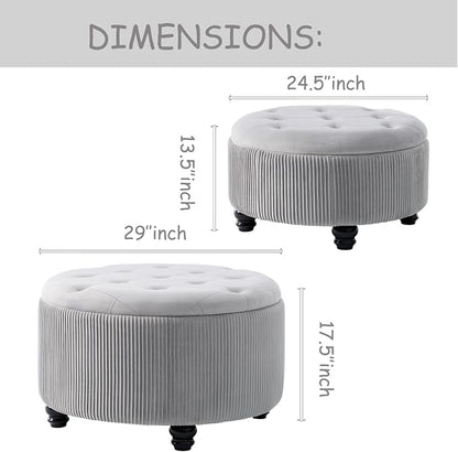 29&24.5inch Large Round Storage Ottoman Coffee Table Set of 2 Modern Button Storage Coffee Table with Removable Lid for Living Room Upholstered Footrest Stool for Bedroom (Large-Light Grey)