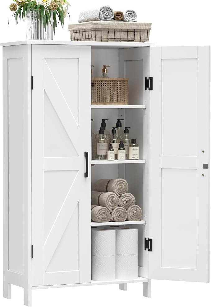 Homleke Farmhouse Bathroom Cabinet with Adjustable Shelves, Free-Standing Storage Cabinet with Barn Doors, for Kitchen, Living Room, Dining Room, Entryway, White