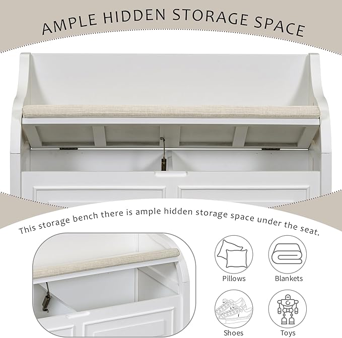 Bellemave Storage Bench with Safety Hinge Wooden Entryway Benches with Shoe Cabinets Under Seat Multifunctional Storage Bench for Entryway, Foyer or a Mudroom (White + Beige)