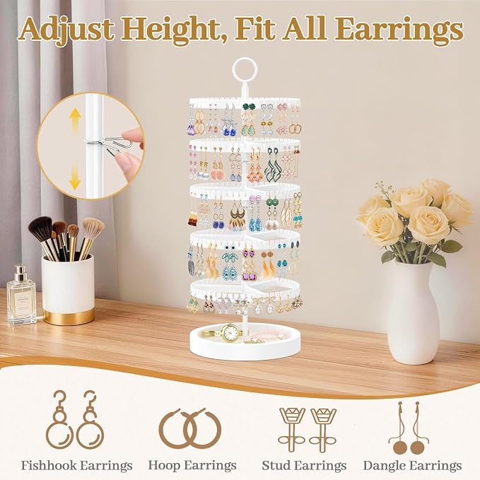 MODOWEY 5 Tier Rotating Earring Holder Organizer Display Tree with Wooden Tray, Adjustable Plastic Stand with 285 Slots for Stud Hoop Hanger, Large Capacity Storage Rack for Women Space Saving, White