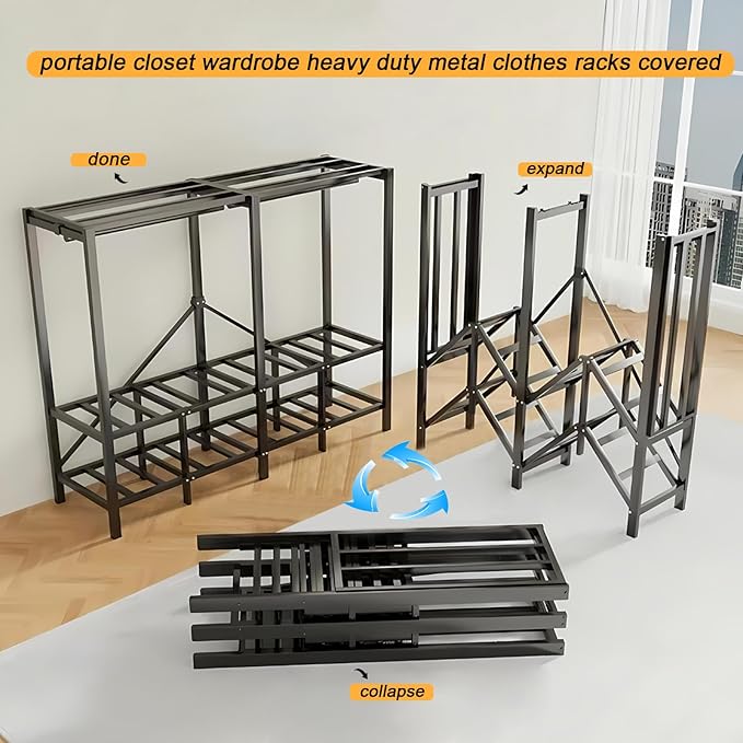 95.3in Heavy Duty Clothe Rack with Cover Load 1200lbs Foldable Portable Wardrobe Closets for Hanging Clothes Freestanding Clothing Garment Rack (Black, 95.3in/242cm)
