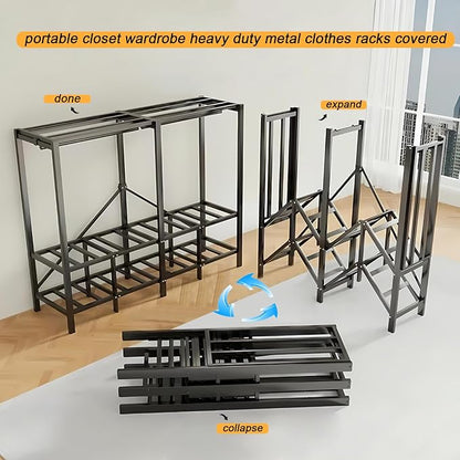 66.1in Foldable Portable Wardrobe Closet, Heavy Duty Garment Rack with Cover, Freestanding Covered Metal Clothes Rack, Armoire Portable Wardrobe Closets For Hanging Clothes (black, 66.1in/168cm)