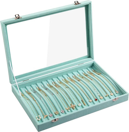 Frebeauty 15 Hooks Necklace Tray Velvet Neckalce Organizer with Clear Lid Lockable Necklace Holder Box Jewelry Organizer for Pendants Chains Necklace Jeweley Tray for Women Girls(Turquoise)
