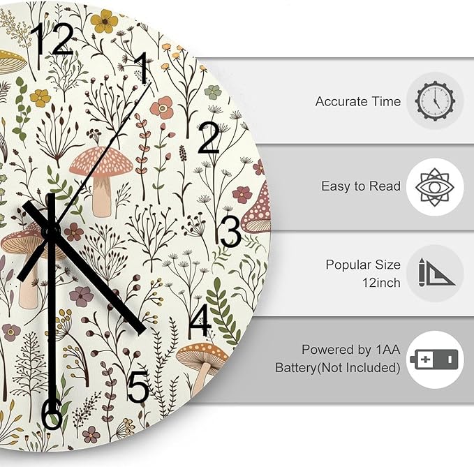 Botanical Wood Wall Clock, Colorful Mushroom Floral Green Leaves Boho Plants Pattern Botanical 12 Inch Silent Non-Ticking Battery Operated Round Clock for Bedroom Living Room Office Kitchen Decor