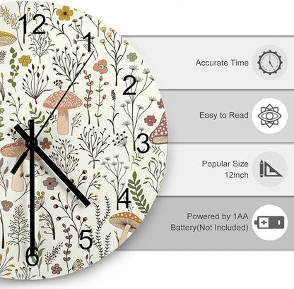 Botanical Wood Wall Clock, Colorful Mushroom Floral Green Leaves Boho Plants Pattern Botanical 12 Inch Silent Non-Ticking Battery Operated Round Clock for Bedroom Living Room Office Kitchen Decor