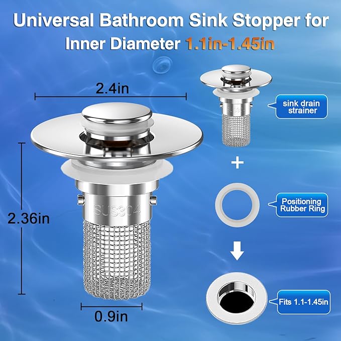 Sink Stopper Hair Catcher, Pop-up Sink Drain Strainer with Removable Stainless Steel Strainer Basket Hair Catcher, Bathroom Sink Strainer for Bathroom Sink Stopper Replacement(4PCS)