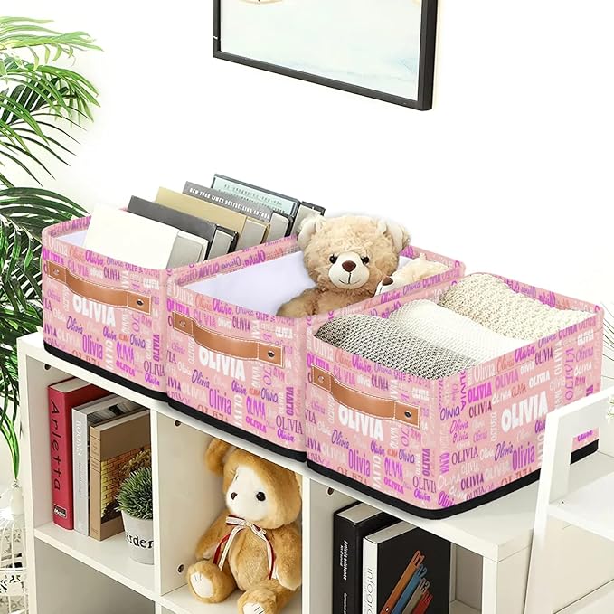 Personalized Narrow Storage Bins, Customized Name Pale Pink Storage Basket Rectangle Organizer for Organizing Kids Pets Toys Towels Socks Shelf Closet