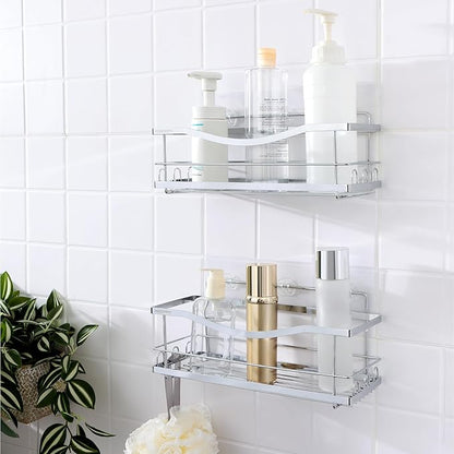 KINCMAX Iron Shower Caddies - Self Adhesive Bathroom Shelves for Showers - Wall Organizer Shampoo Holder Shelf - Peel and Stick On Caddy Bath Tub Rack - Pack of 2 Holders - Silver