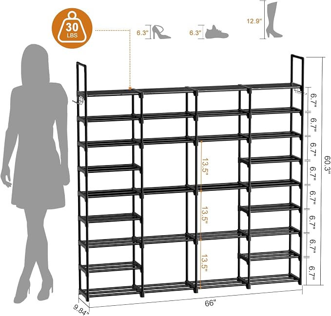WOWLIVE 4 Row 9 Tiers Extra Large Shoe Rack 68-72 Pairs Big Tall Metal Shoe Shelf, Heavy Duty Organizer for Closet Entryway, Boot Rack Storage Stackable Stand for Garage Black