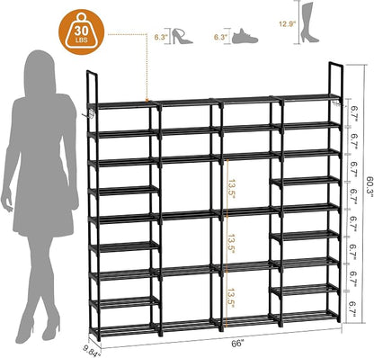 WOWLIVE 4 Row 9 Tiers Extra Large Shoe Rack 68-72 Pairs Big Tall Metal Shoe Shelf, Heavy Duty Organizer for Closet Entryway, Boot Rack Storage Stackable Stand for Garage Black
