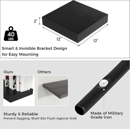 Square Floating Shelves for Wall, 12" W x 12" D x 2" H, 2 Pack of Small Wall Mounted Engineered Wood Shelves with Invisible Brackets for Living Room, Bedroom, Bathroom, Kitchen Decor, Black