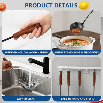 304 Stainless Steel Kitchen Utensils Set, 8 Pcs Long Cooking Utensils Set with Wooden Handle, Large Heat Resistant Kitchen Tools(Black, Dishwasher Safe)