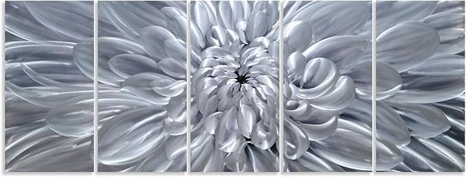 YHSKY ARTS Silver Floral Metal Wall Art - Hand Crafted 5 Piece Aluminum Sculpture Set for Living Room and Bedroom Decor