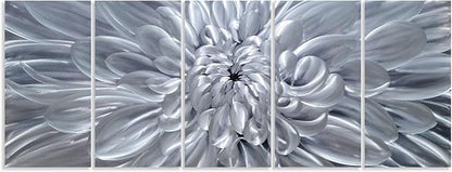 YHSKY ARTS Silver Floral Metal Wall Art - Hand Crafted 5 Piece Aluminum Sculpture Set for Living Room and Bedroom Decor