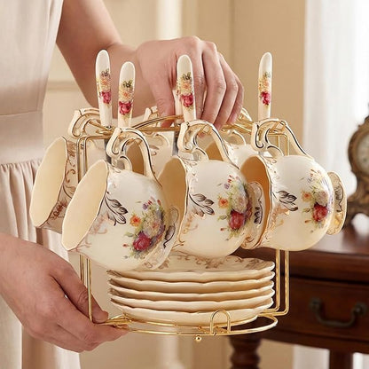 YOLIFE Tea Cup Holder for Countertop, Gold Metal Cup and Saucer Display Stand, Foldable Tea Station Organizer, Espresso Coffee Cups Rack for Home or Bar Decor