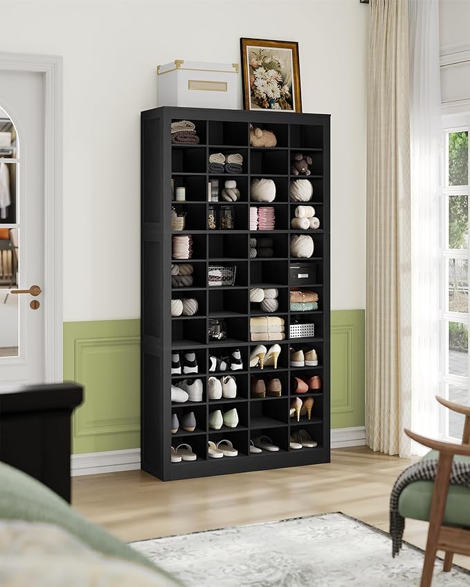 Hzuaneri Shoe Storage Cabinet, 48 Pairs Free Standing Closet Organizer, 9 inch Widened Cell Wood Shoe Organizer, 12 Tiers Vertical Space Saving Shoe Rack for Entryway, Cloakroom, Black SR39604X