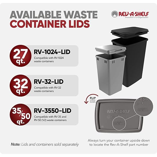 Rev-A-Shelf 35 Quart Polymer Replacement Trash Bin, Recycle Waste Garbage Container for Kitchen Cabinet Pullouts, White, RV-35-52 - Large Plastic Bin for Home and Office