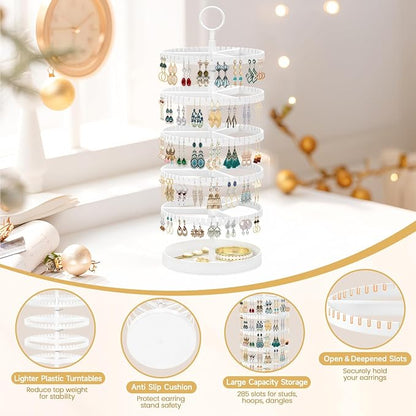 MODOWEY 5 Tier Rotating Earring Holder Organizer Display Tree with Metal Tray, Adjustable Plastic Stand with 285 Slots for Stud Hoop Hanger, Large Capacity Storage Rack for Women Space Saving, White