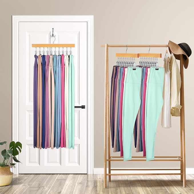 Legging Organizer for Closet, Pants Hangers with Clips Holds 20 Leggings, Jeans, Hats, Shorts, Socks, 360° Rotating Space Saving Hanging Clothes Organizer for Closet Organizers and Storage 4Pcs Wood
