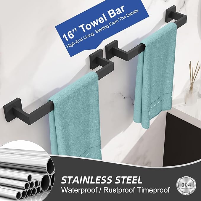 Towel Bar for Bathroom 12 Inch Matte Black Towel Holder 12/16/20/24/28/32/36 Inch Stainless Steel SUS304 Rustproof Towel Rack Modern Square Towel Rod for Bathroom Wall (1, Matte Black, 12 Inch)