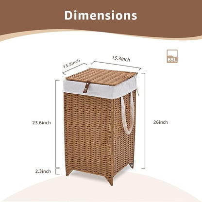 Laundry Hamper with Lid and Removable Liner Bag, Handwoven Rattan Clothes Hamper with Heightened Feet, Wicker Laundry Basket for Clothes and Towels，Small