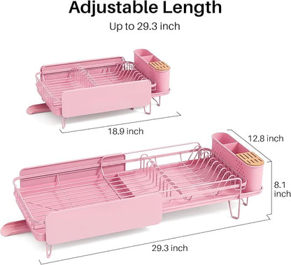 SNTD Dish Drying Rack - Large Dish Racks for Kitchen Counter, Expandable Dish Drainers with Cutlery Holder Stainless Steel Rustproof (Pink)