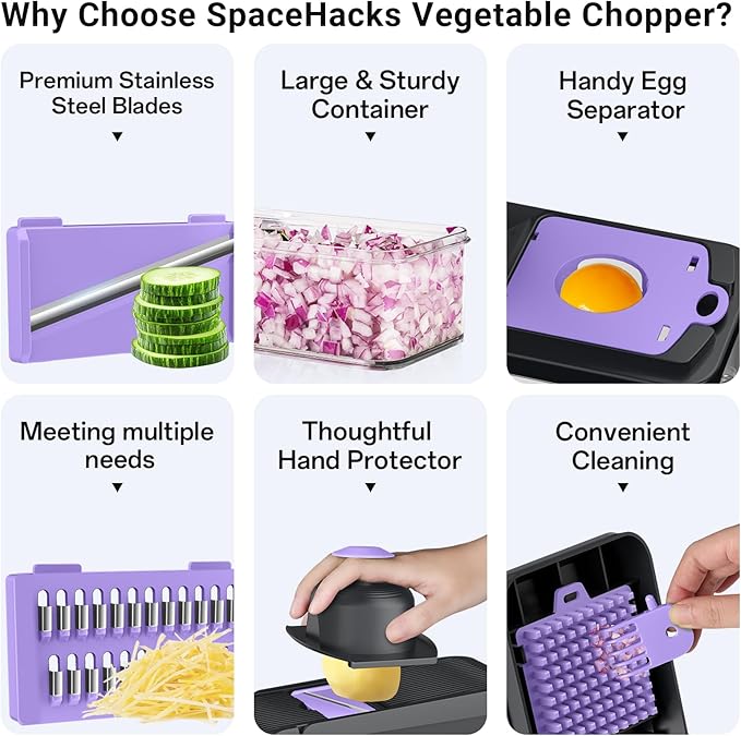 SpaceHacks 15-in-1 Vegetable Chopper, Kitchen Gadgets with 10 Blades, Veggie, Food, Onion Chopper, Cucumber Slicer, Versatile Mandoline, Includes Egg Separator & Finger Guard, Purple