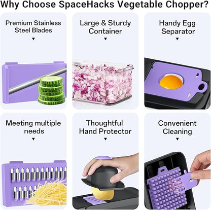 SpaceHacks 15-in-1 Vegetable Chopper, Kitchen Gadgets with 10 Blades, Veggie, Food, Onion Chopper, Cucumber Slicer, Versatile Mandoline, Includes Egg Separator & Finger Guard, Purple