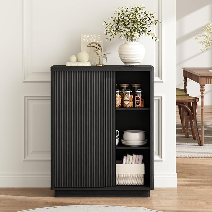 Fluted Shoe Cabinet with Sliding Door Set of 2, 6-Tier Large Hidden Storage Organizer Modern Shoe Rack with Adjustable Shelves, Mid Century Freestanding Wooden Shoe Storage Cabinet for Entryway,Black