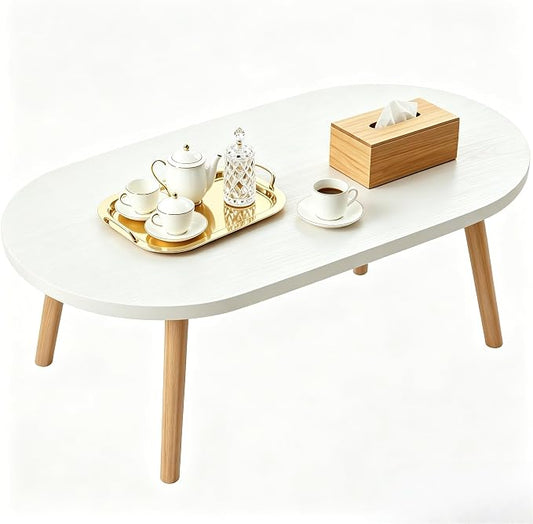 Coffee Table Low Table with Solid Wood Legs, 31.5x19.7 Large Coffee Table Side Table, Floor Table Desk for Sitting on The Floor, Living Room Furniture for Office Apartment Home, Oval White
