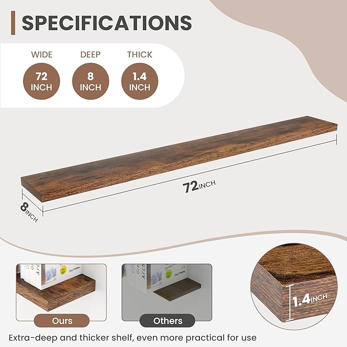 Acovy 72 Inch Floating Shelves, 8 Inch Deep Floating Shelves for Wall, Hanging Shelf with Invisible Brackets, Deep Shelves for Bathroom, Bedroom, Living Room, Brown, Set of 1