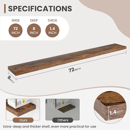 Acovy 72 Inch Floating Shelves, 8 Inch Deep Floating Shelves for Wall, Hanging Shelf with Invisible Brackets, Deep Shelves for Bathroom, Bedroom, Living Room, Brown, Set of 1