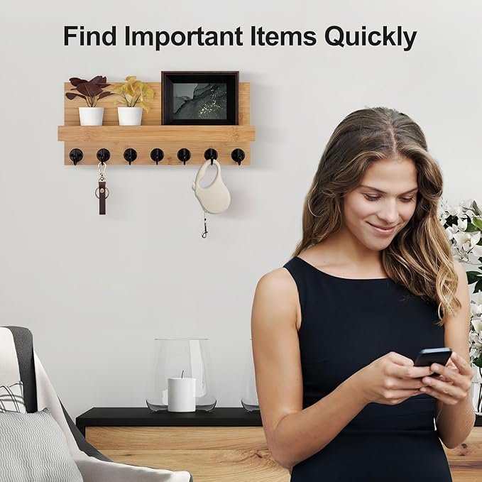 Key Holder Wall Mount, Entryway Key and Mail Holder with 7 Sturdy Hooks for Sunglasses, Dog Leash, Decorative Wall Shelf with Mounting Hardware, 15”W x 6.7”H x 4.2”D