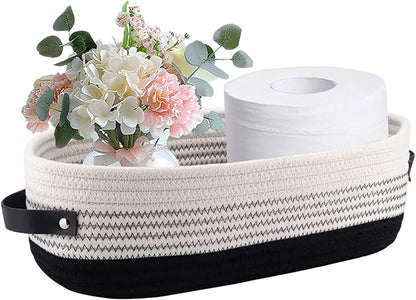 1 Pack Small Woven Storage Basket for Toilet Tank Top, Bathroom Countertop Organizer Basket Cotton Rope Toilet Paper Storage Toilet Paper Decorative Basket 13"x6"x4" (Black/White)